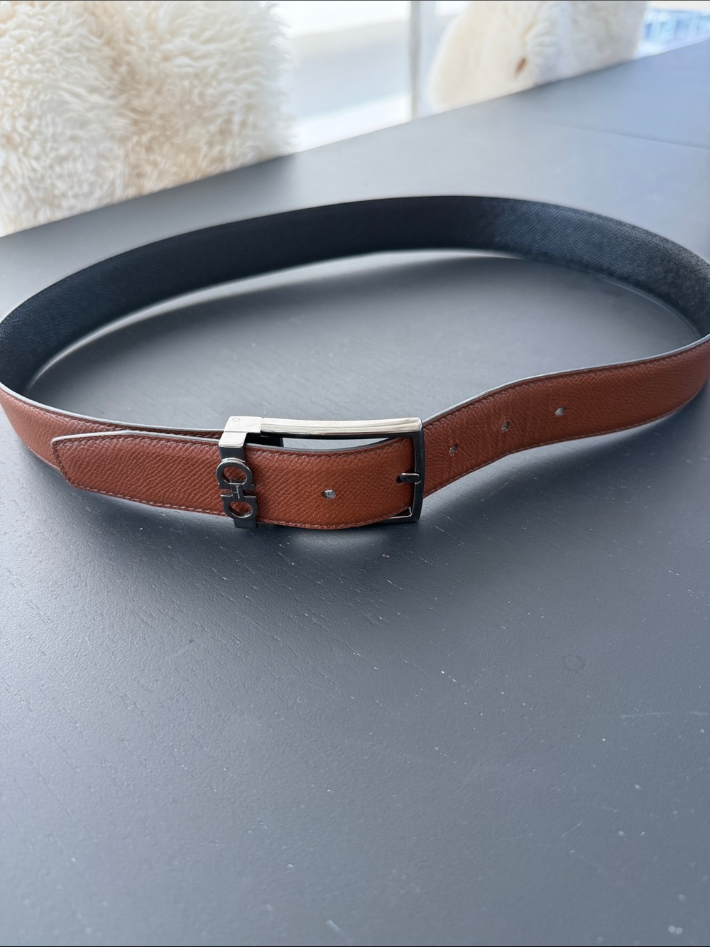 Salvatore Ferragamo Reversible Brown and Black Leather Belt with Silver Buckle